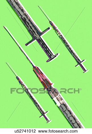 Stock Image - Syringes against green background, illustration.. Fotosearch