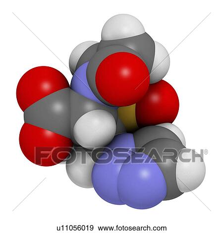 Stock Photo - Tazobactam drug molecule. Inhibitor of bacterial beta-lactamase enzymes. 3D rendering. Atoms are represented as spheres with conventional colour-coding: hydrogen (white), carbon (grey), nitrogen (blue), oxygen (red), sulfur (yellow).. Fotosearch