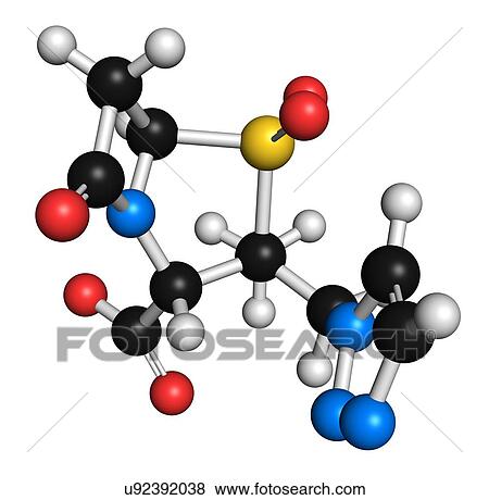 Stock Photo - Tazobactam drug molecule. Inhibitor of bacterial beta-lactamase enzymes. 3D rendering. Atoms are represented as spheres with conventional colour-coding: hydrogen (white), carbon (black), nitrogen (blue), oxygen (red), sulfur (yellow).. Fotosearch