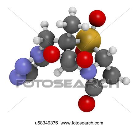 Stock Photograph - Tazobactam drug molecule. Inhibitor of bacterial beta-lactamase enzymes. 3D rendering. Atoms are represented as spheres with conventional colour-coding: hydrogen (white), carbon (grey), nitrogen (blue), oxygen (red), sulfur (yellow).. Fotosearch