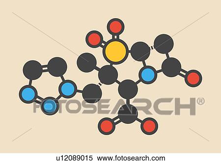 Stock Photography - Tazobactam drug molecule. Inhibitor of bacterial beta-lactamase enzymes. Stylized skeletal formula (chemical structure): Atoms are shown as colour-coded circles: hydrogen (hidden), carbon (grey), nitrogen (blue), oxygen (red), sulfur (yellow).. Fotosearch