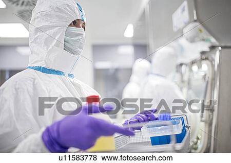 Stock Photo - Technician carrying equipment in a laboratory that manufactures human tissues for implant. Such tissues include bone and skin grafts.. Fotosearch