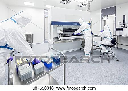 Stock Photo - Technicians preparing samples in a laboratory that manufactures human tissues for implant. Such tissues include bone and skin grafts.. Fotosearch