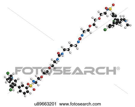 Stock Image - Tenapanor drug molecule. 3D rendering. Atoms are represented as spheres with conventional colour-coding: hydrogen (white), carbon (black), nitrogen (blue), oxygen (red), chlorine (green), sulfur (yellow).. Fotosearch