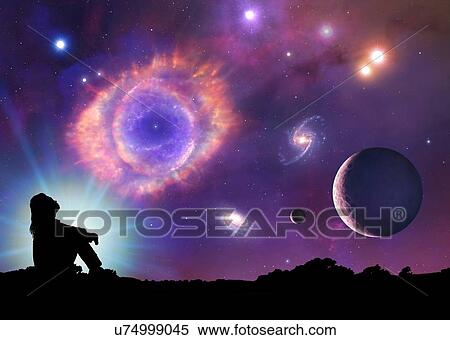 Stock Photography - This is a conceptual illustration representing space and astronomy in general. It shows the various objects that can be found in the Universe: planets, moons, stars, nebulae and galaxies. The centrepiece is a planetary nebula, the cast-off remains of.... Fotosearch