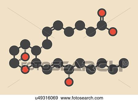 Stock Photo - Thromboxane A2 (TXA2) molecule. Stylized skeletal formula (chemical structure): Atoms are shown as colour-coded circles: hydrogen (hidden), carbon (grey), oxygen (red).. Fotosearch