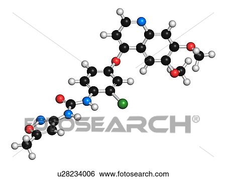Stock Photograph - Tivozanib cancer drug molecule. 3D rendering. Atoms are represented as spheres with conventional colour-coding: hydrogen (white), carbon (black), nitrogen (blue), oxygen (red), chlorine (green).. Fotosearch