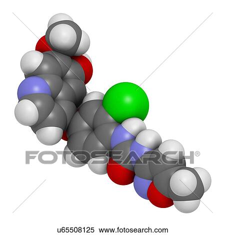 Stock Photography - Tivozanib cancer drug molecule. 3D rendering. Atoms are represented as spheres with conventional colour-coding: hydrogen (white), carbon (grey), nitrogen (blue), oxygen (red), chlorine (green).. Fotosearch