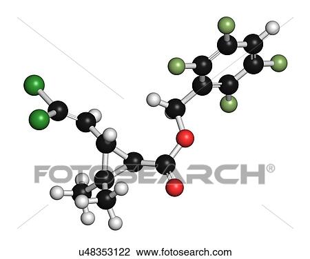 Stock Image - Transfluthrin insecticide molecule. 3D rendering. Atoms are represented as spheres with conventional colour-coding: hydrogen (white), carbon (black), oxygen (red), chlorine (green), fluorine (light green).. Fotosearch