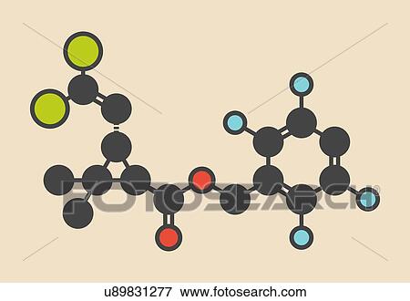 Stock Photo - Transfluthrin insecticide molecule. Stylized skeletal formula (chemical structure): Atoms are shown as colour-coded circles: hydrogen (hidden), carbon (grey), oxygen (red), chlorine (green), fluorine (cyan).. Fotosearch