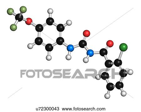 Stock Image - Triflumuron insecticide molecule. 3D rendering. Atoms are represented as spheres with conventional colour-coding: hydrogen (white), carbon (black), oxygen (red), nitrogen (blue), chlorine (green), fluorine (light green).. Fotosearch