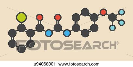 Triflumuron insecticide molecule. Stylized skeletal formula (chemical structure): Atoms are shown as colour-coded circles: hydrogen (hidden), carbon (grey), oxygen (red), nitrogen (blue), chlorine (green), fluorine (cyan). View Large Photo Image Stock Image - Triflumuron insecticide molecule. Stylized skeletal formula (chemical structure): Atoms are shown as colour-coded circles: hydrogen (hidden), carbon (grey), oxygen (red), nitrogen (blue), chlorine (green), fluorine (cyan).. Fotosearch