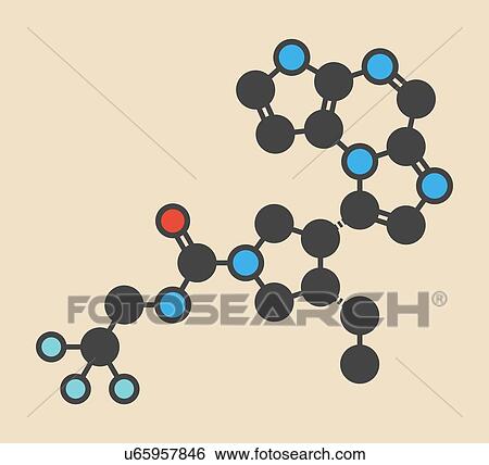 Stock Photograph - Upadacitinib drug molecule. Second generation janus kinase inhibitor with selectivity for JAK1. Stylized skeletal formula (chemical structure): Atoms are shown as colour-coded circles: hydrogen (hidden), carbon (grey), nitrogen (blue), oxygen (red),.... Fotosearch