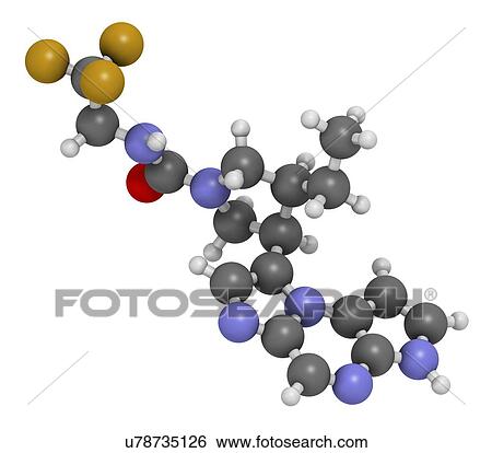 Stock Photograph - Upadacitinib drug molecule. Second generation janus kinase inhibitor with selectivity for JAK1. 3D rendering. Atoms are represented as spheres with conventional colour-coding: hydrogen (white), carbon (grey), nitrogen (blue), oxygen (red), fluorine.... Fotosearch