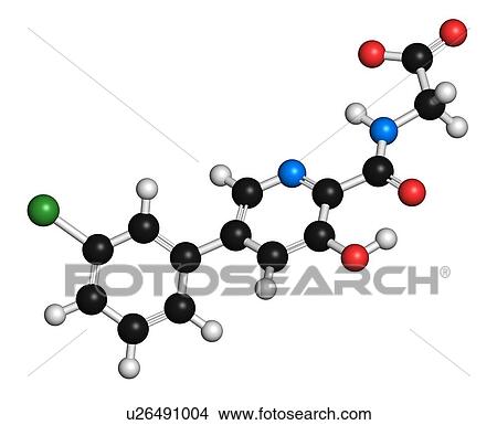 Vadadustat drug molecule. 3D rendering. Atoms are represented as spheres with conventional colour-coding: hydrogen (white), carbon (black), nitrogen (blue), oxygen (red), chlorine (green). View Large Photo Image Picture - Vadadustat drug molecule. 3D rendering. Atoms are represented as spheres with conventional colour-coding: hydrogen (white), carbon (black), nitrogen (blue), oxygen (red), chlorine (green).. Fotosearch