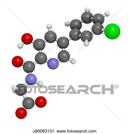 Stock Image - Vadadustat drug molecule. 3D rendering. Atoms are represented as spheres with conventional colour-coding: hydrogen (white), carbon (grey), nitrogen (blue), oxygen (red), chlorine (green).. Fotosearch