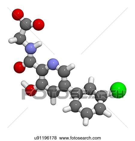 Stock Photo - Vadadustat drug molecule. 3D rendering. Atoms are represented as spheres with conventional colour-coding: hydrogen (white), carbon (grey), nitrogen (blue), oxygen (red), chlorine (green).. Fotosearch