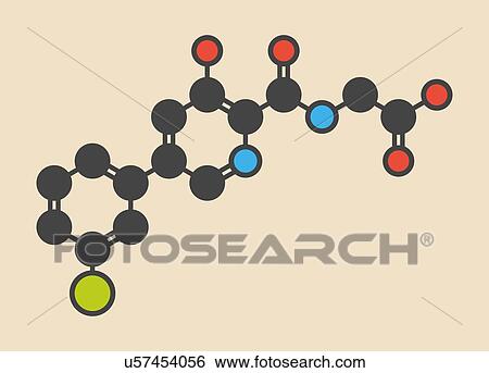 Stock Photograph - Vadadustat drug molecule. Stylized skeletal formula (chemical structure): Atoms are shown as colour-coded circles: hydrogen (hidden), carbon (grey), nitrogen (blue), oxygen (red), chlorine (green).. Fotosearch