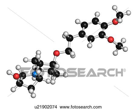 Picture - Vernakalant atrial fibrillation drug molecule. 3D rendering. Atoms are represented as spheres with conventional colour-coding: hydrogen (white), carbon (black), nitrogen (blue), oxygen (red).. Fotosearch