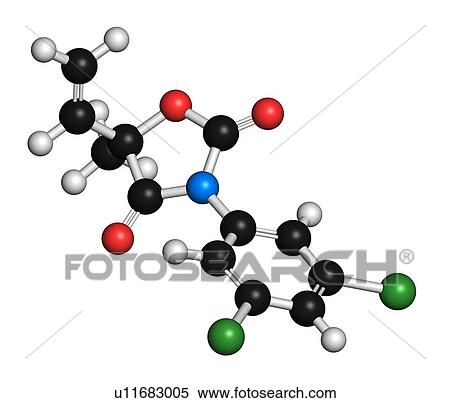 Stock Photography - Vinclozolin fungicide molecule. 3D rendering. Atoms are represented as spheres with conventional colour-coding: hydrogen (white), carbon (black), oxygen (red), nitrogen (blue), chlorine (green).. Fotosearch