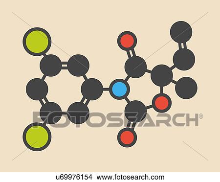 Picture - Vinclozolin fungicide molecule. Stylized skeletal formula (chemical structure): Atoms are shown as colour-coded circles: hydrogen (hidden), carbon (grey), oxygen (red), nitrogen (blue), chlorine (green).. Fotosearch