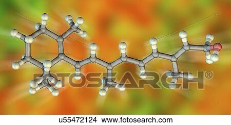 Picture - Vitamin A, molecular model. This is retinol, a form of vitamin A, a vitamin that is needed by the retina of the eye. Atoms are represented as spheres and are colour-coded: carbon (grey), hydrogen (white) and oxygen (red).. Fotosearch