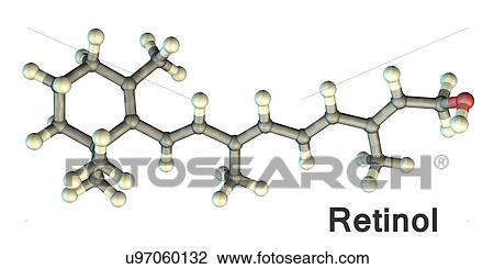 Stock Image - Vitamin A, molecular model. This is retinol, a form of vitamin A, a vitamin that is needed by the retina of the eye. Atoms are represented as spheres and are colour-coded: carbon (grey), hydrogen (white) and oxygen (red).. Fotosearch