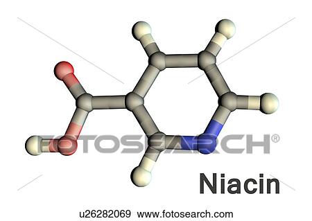 Stock Photo - Vitamin B3 (nicotinic acid), molecular model. Insufficient intake of vitamin B3 leads to a disease called pellagra. Atoms are represented as spheres and are colour-coded: carbon (grey), hydrogen (white), nitrogen (blue) and oxygen (red).. Fotosearch