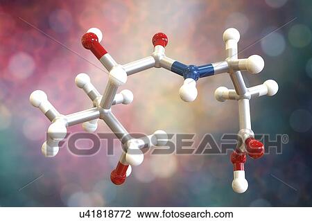 Stock Image - Vitamin B5 (pantothenic acid), molecular model. This vitamin is required for synthesizing coenzyme-A. Atoms are represented as spheres and are colour-coded: carbon (grey), hydrogen (white), nitrogen (blue) and oxygen (red).. Fotosearch