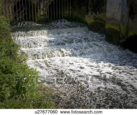 Stock Image - Wastewater discharging from a sewage treatment plant into river. Photographed in the West Midlands, UK.. Fotosearch