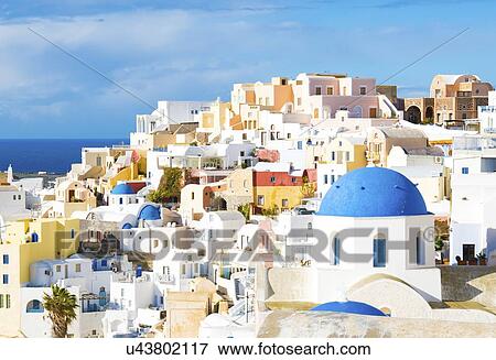 White houses in the town of Oia on the island of Santorini, Greece. View Large Photo Image Stock Photo - White houses in the town of Oia on the island of Santorini, Greece.. Fotosearch