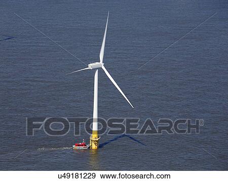 Stock Photo - Wind turbine, Scroby Sands windfarm in the North Sea, England.. Fotosearch