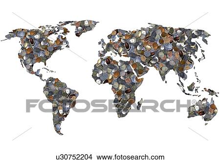 Picture - World map made up of coins.. Fotosearch