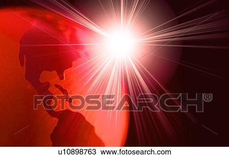 Stock Image - Abstract composition with red globe and lens flare. Fotosearch
