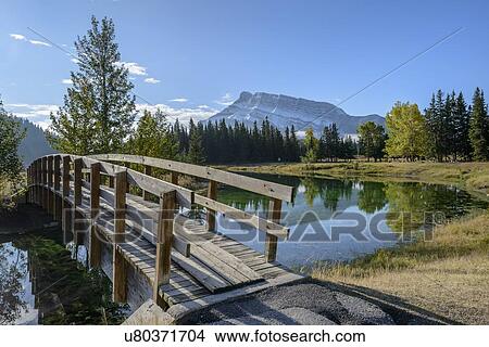 Canada, Alberta, Banff, Footbridge over lake and mountain peak in background View Large Photo Image Picture - Canada, Alberta, Banff, Footbridge over lake and mountain peak in background. Fotosearch
