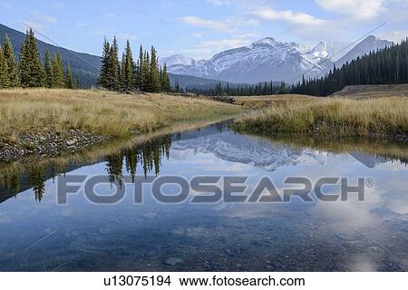 Canada, Alberta, Banff, Mountain peak reflecting in lake in Banff National Park View Large Photo Image Picture - Canada, Alberta, Banff, Mountain peak reflecting in lake in Banff National Park. Fotosearch