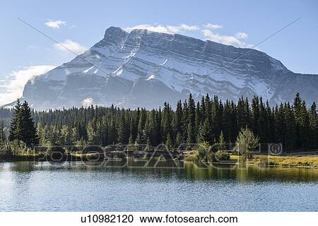 Canada, Alberta, Banff, Mountain peak reflecting in lake in Banff National Park View Large Photo Image Stock Image - Canada, Alberta, Banff, Mountain peak reflecting in lake in Banff National Park. Fotosearch