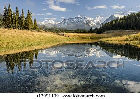 Canada, Alberta, Banff, Mountain peak reflecting in lake View Large Photo Image Stock Photo - Canada, Alberta, Banff, Mountain peak reflecting in lake. Fotosearch