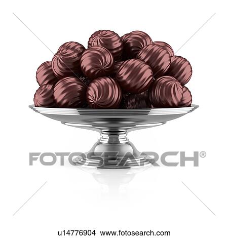 Picture - Dark chocolates on silver tray, illustration.. Fotosearch