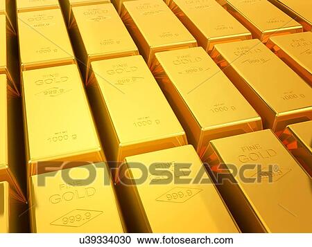 Stock Image - Many gold bullion bars, illustration.. Fotosearch