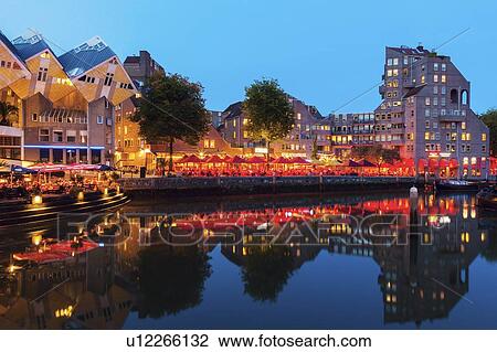 Stock Image - Netherlands, Rotterdam, Waterfront at night. Fotosearch
