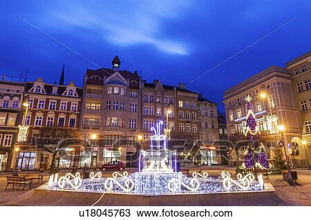Stock Image - Poland, Lower Silesian, Walbrzych, Christmas ornaments in town square. Fotosearch