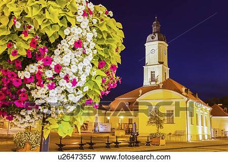 Stock Photo - Poland, Podlaskie voivodeship, Bialystok, Illuminated building at night. Fotosearch