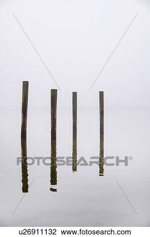 Stock Image - USA, Massachusetts, Cape Cod, Eastham, Wooden posts in fog. Fotosearch