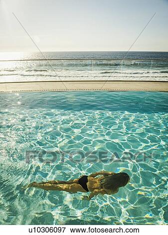 Stock Photo - Woman swimming in pool by ocean. Fotosearch