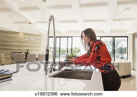 Woman washing dishes in kitchen View Large Photo Image Stock Photograph - Woman washing dishes in kitchen. Fotosearch