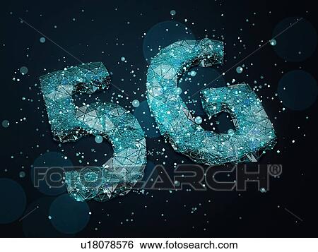 Stock Photograph - 5G symbol with blue particles on dark background. 3D illustration.. Fotosearch