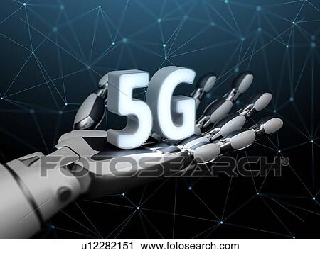 Stock Image - A robotic hand holding a symbol of 5G. Futuristic concept of wireless communication. 3d illustration.. Fotosearch