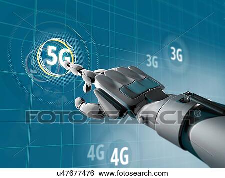 A robotic hand pick on a symbol of 5G on Sci-fi interface with HUD elements. Futuristic concept of wireless communication. 3d illustration. View Large Photo Image Stock Photograph - A robotic hand pick on a symbol of 5G on Sci-fi interface with HUD elements. Futuristic concept of wireless communication. 3d illustration.. Fotosearch