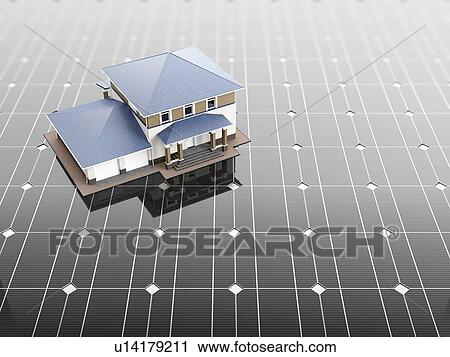 Stock Image - A scale model of the house stands on the solar panels. 3D illustration.. Fotosearch